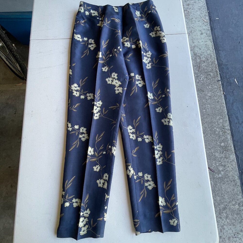 VTG Amanda Smith 100% Silk Pants Navy White Floral Trousers 8 Fits Modern 8